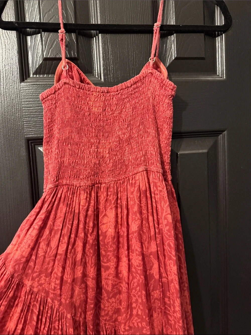 Free People Red Floral Tiered Maxi with Smocked Waist and Spaghetti Straps